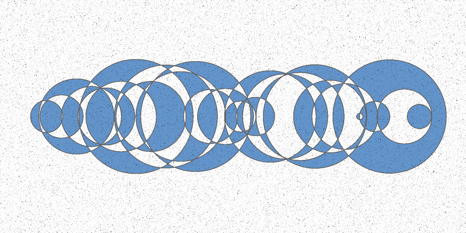 randomly sized circles along the horizontal with shading that alternates between blue and white