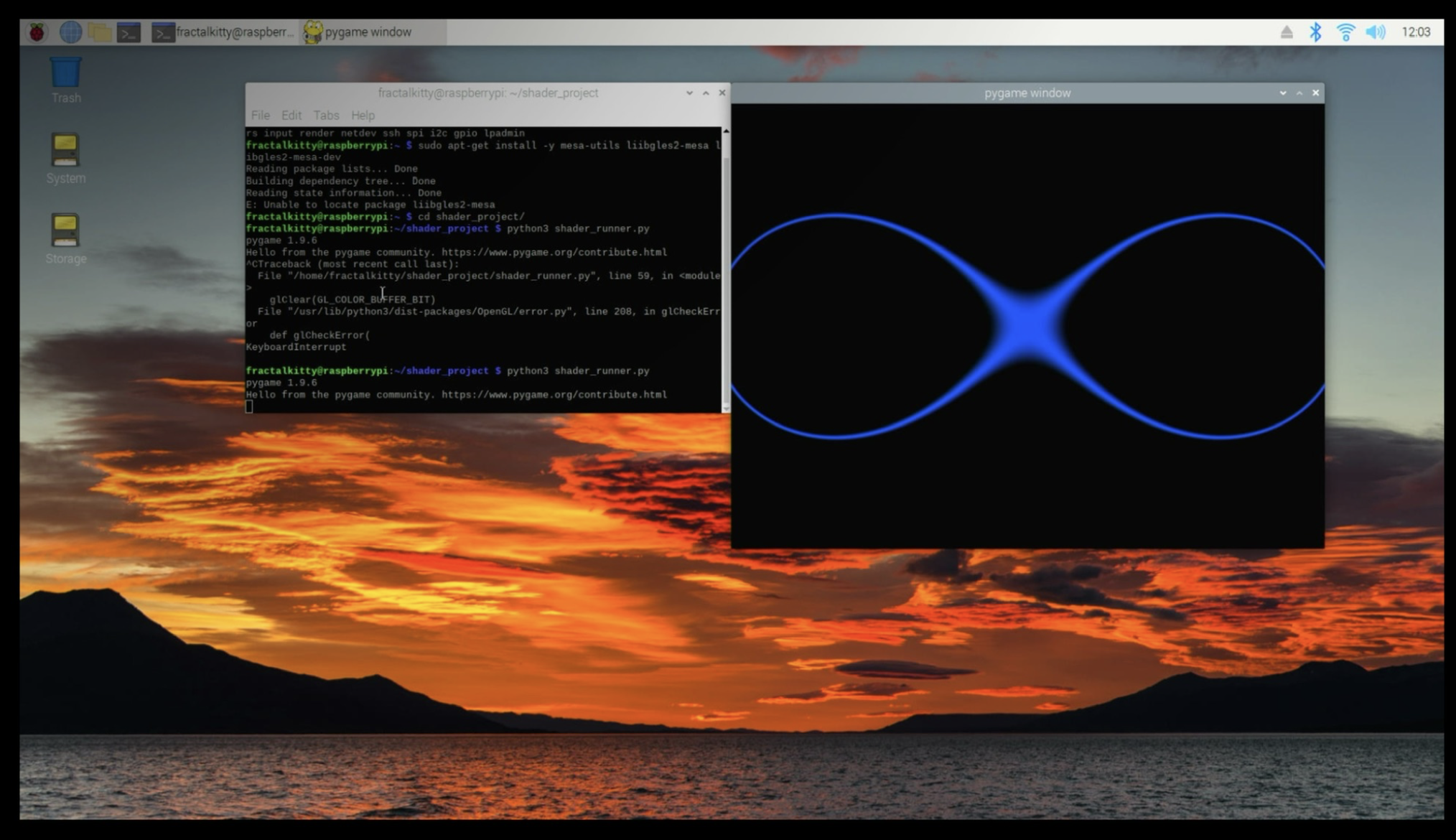 desktop with lemniscate in a window and starter sunset background that comes with the raspberry pi