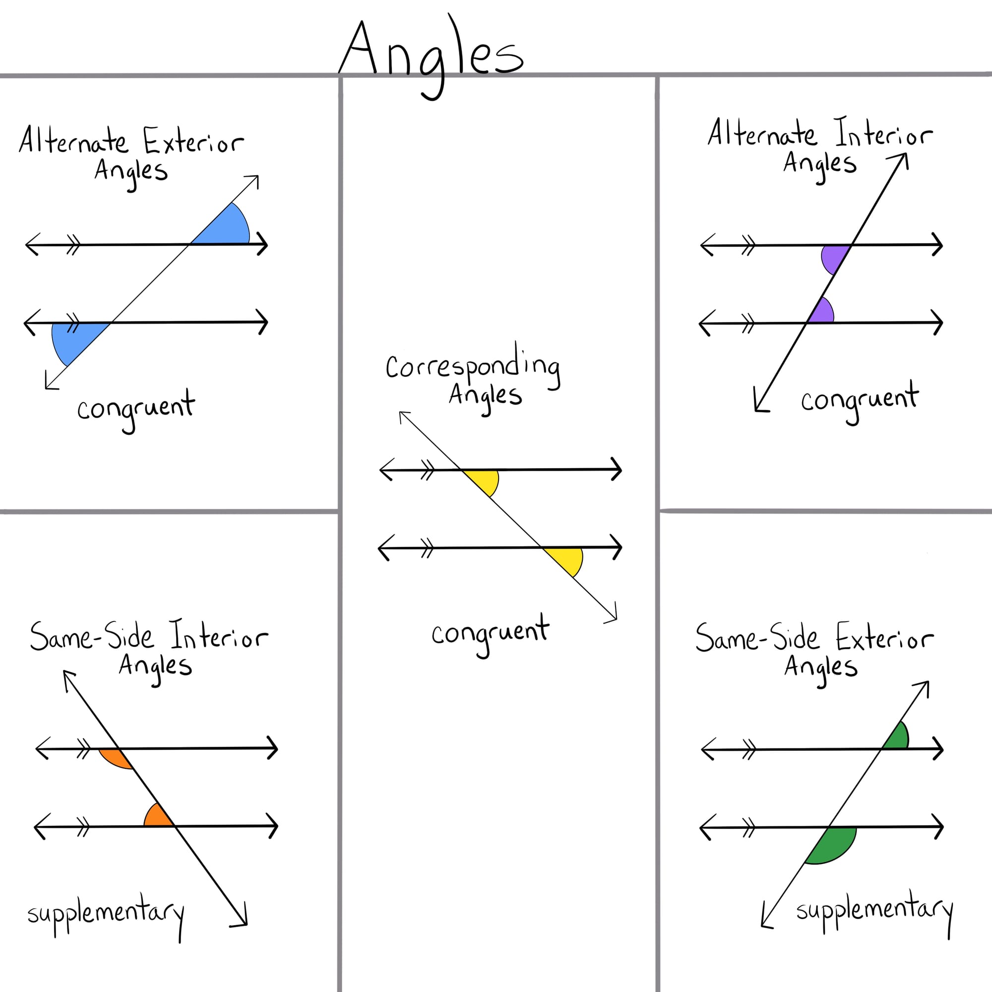 a review sheet with color coded angles with labels for transversals to parallel lines