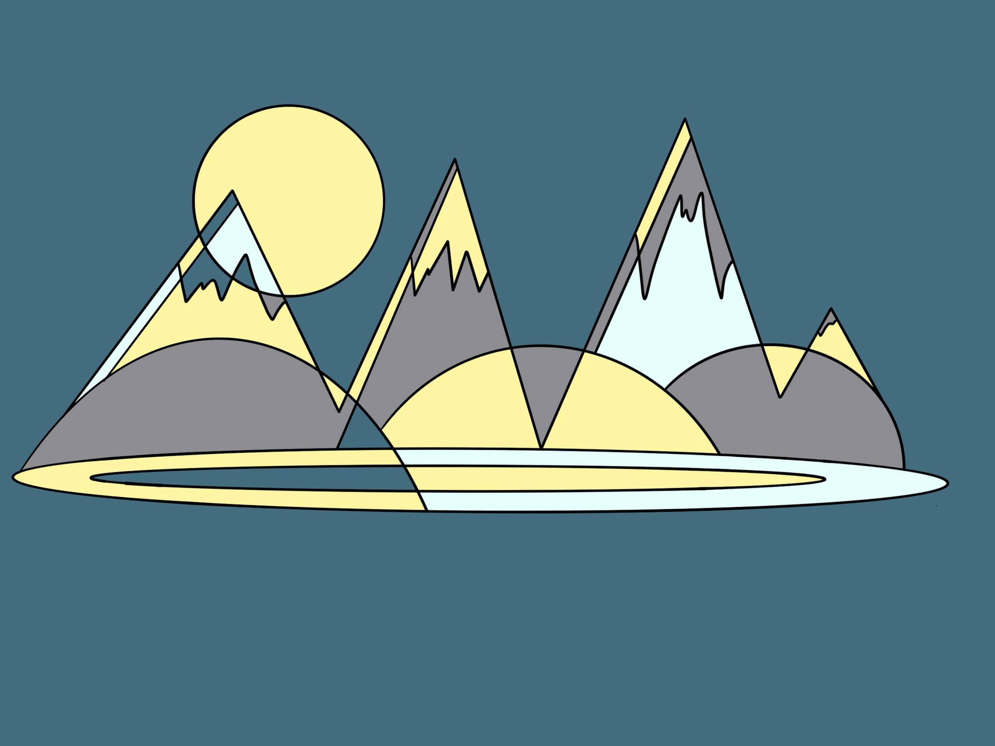 a mountain scene with 4 colors (blues, grey and yellow)