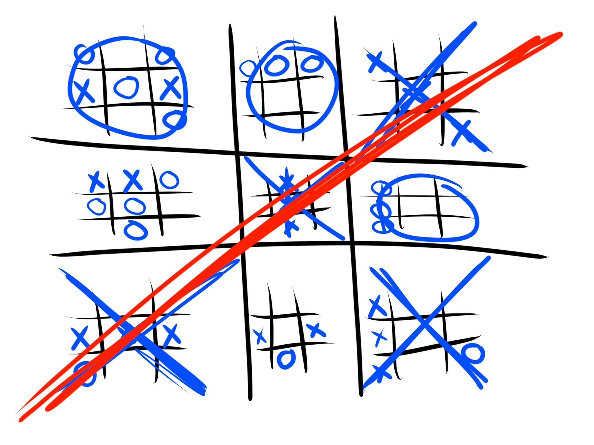 a game finished with blue marks and the red strike diagonally showing X won