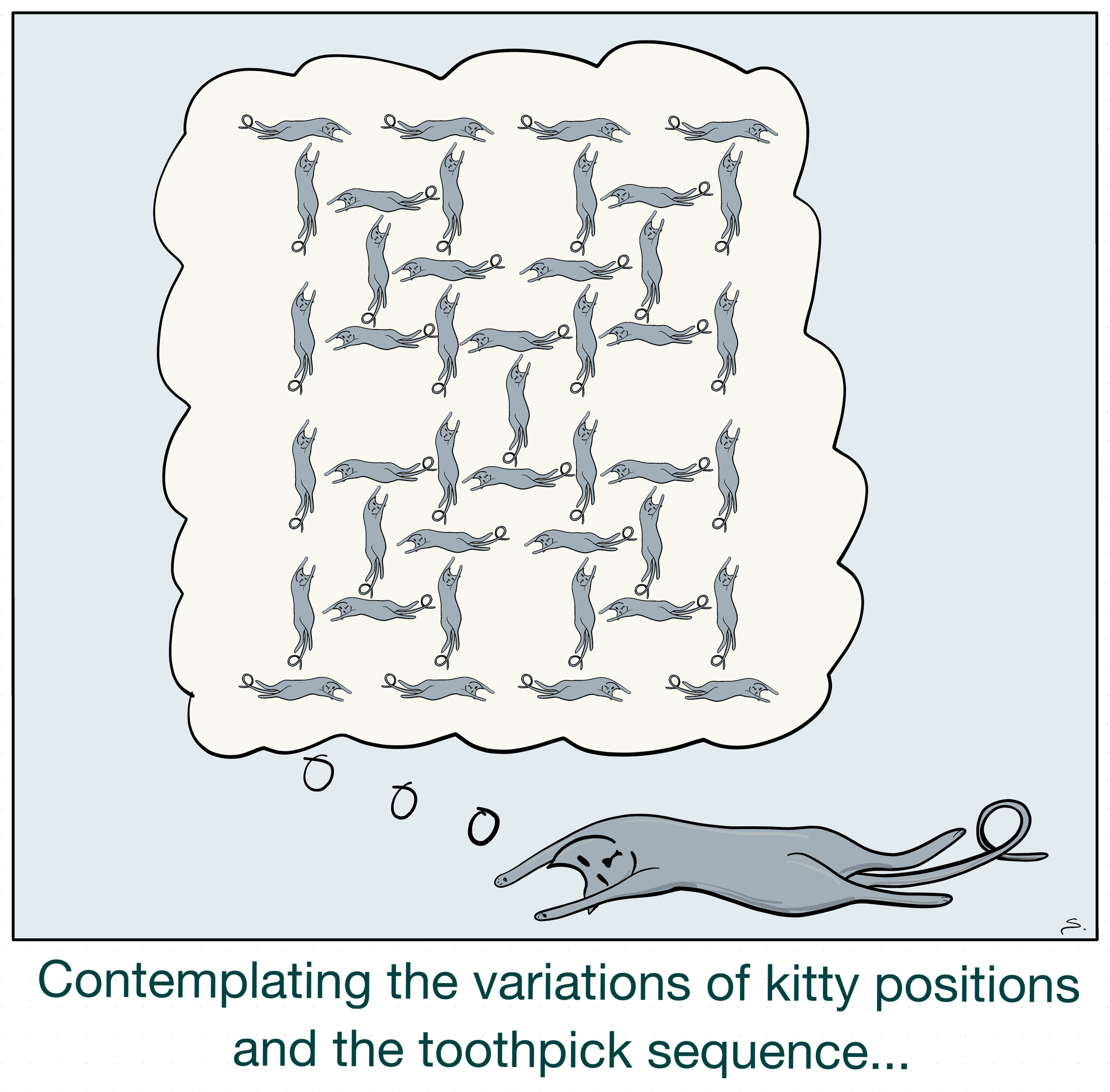 Kitty is sleeping and dreaming of a toothpick fractal made of kitties sleeping in the same position