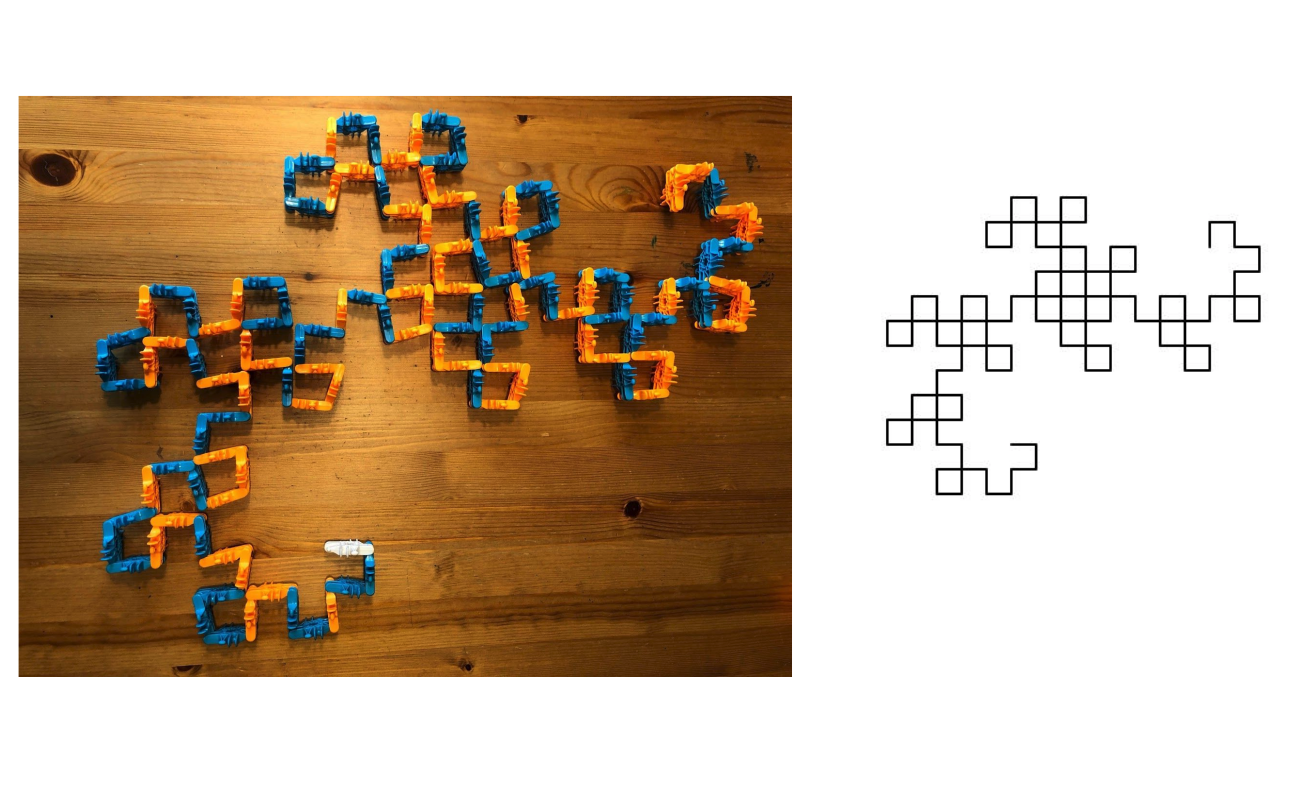 a dragon curve made with toys on the left and with lines on the right