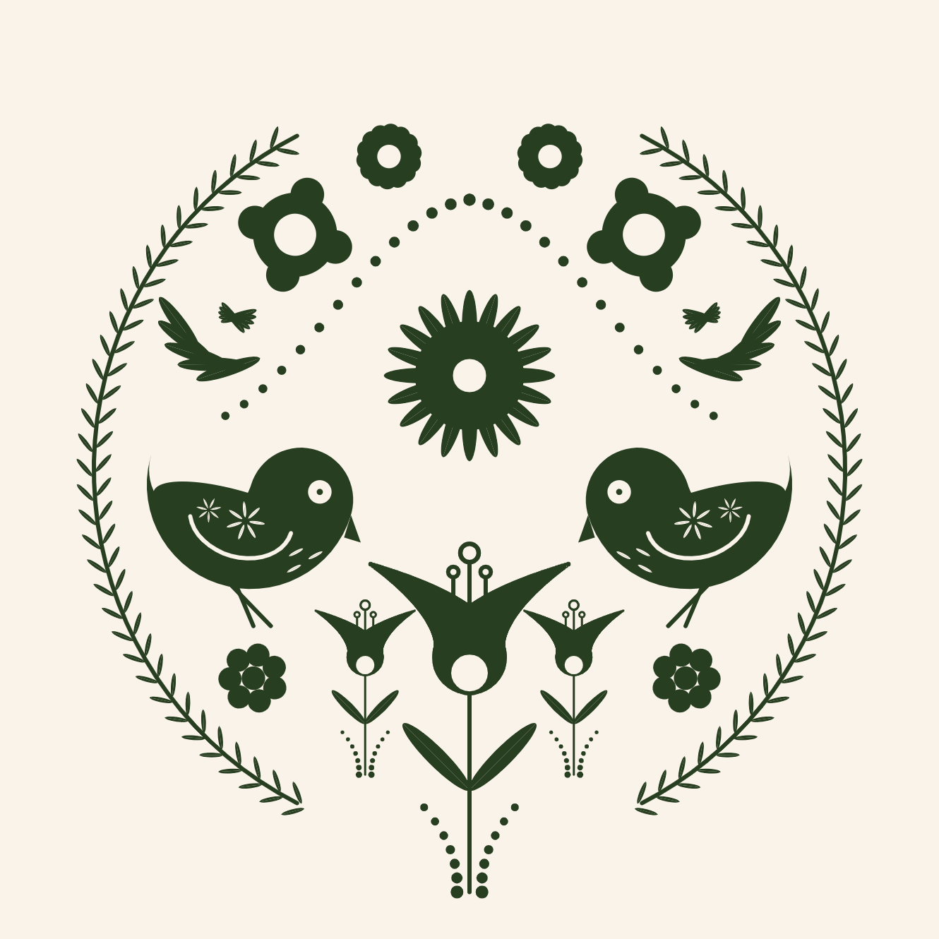 A folk art design with two birds, and flowers