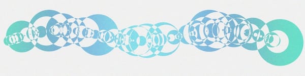 circles along a wavy curve with random radii and shading is alternating between white  and blue gradients.