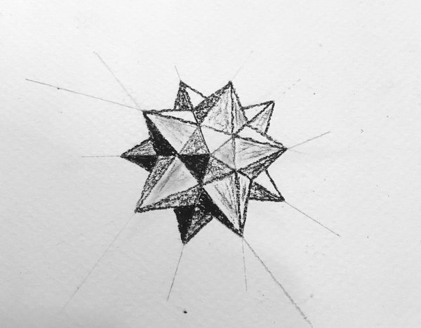 a sketch of an icosahedron with charcoal 