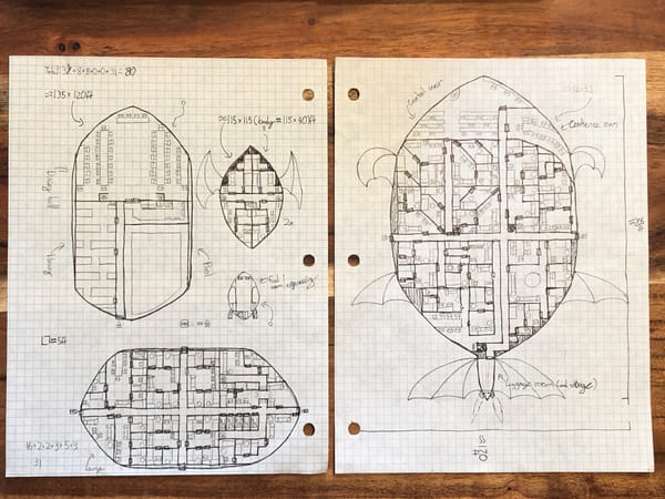 a spaceship schematic on graph paper with mutliple sides and layouts shown