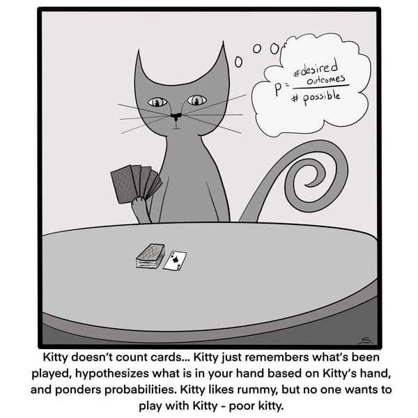 a kitty playing cards with the probability formula explaining that cards aren't counted - just remembered 