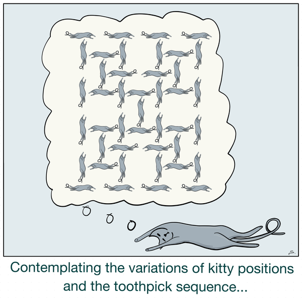 Kitty is sleeping and dreaming of a toothpick fractal made of kitties sleeping in the same position