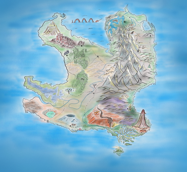 a fantasy map with many buildings, a dragon, mountains and sea-snake narwhal