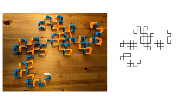 a dragon curve made with toys on the left and with lines on the right