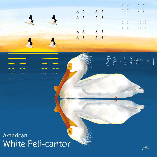 a white pelican on a blue body of water at sunset with flocks of cantor dust and the cantor set elements throughout