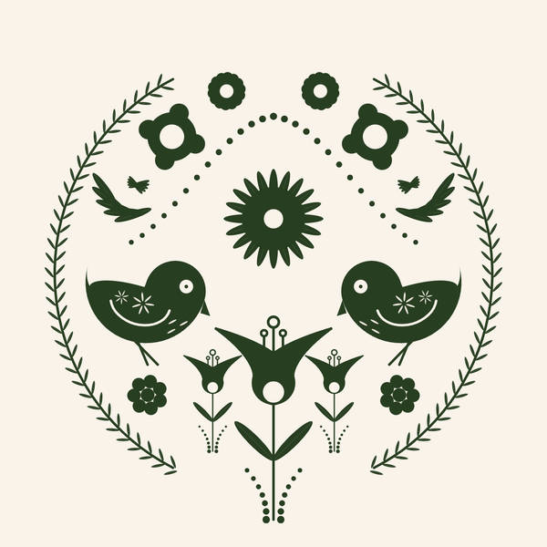 A folk art design with two birds, and flowers