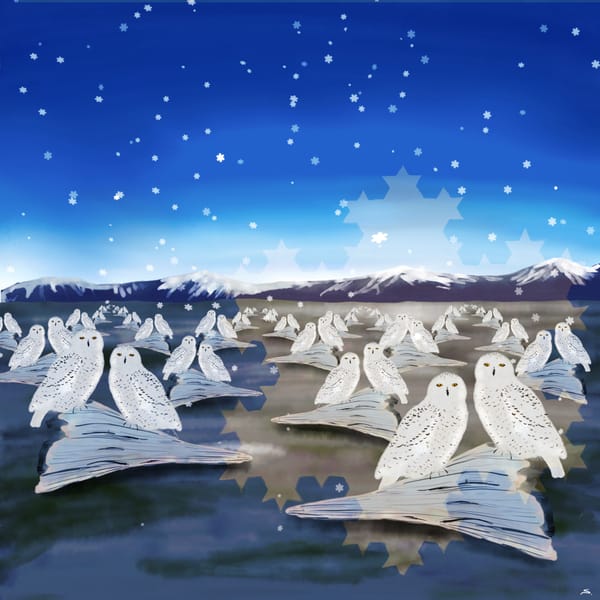 Rows of snowy owls paired on repeating logs with mountains in the background with a Koch snowflake.