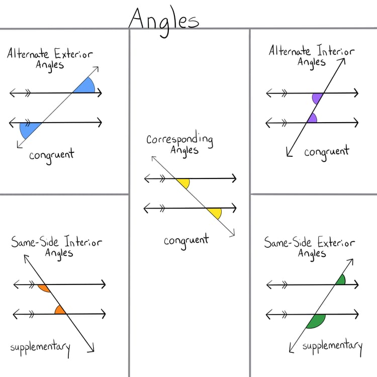 a review sheet with color coded angles with labels for transversals to parallel lines