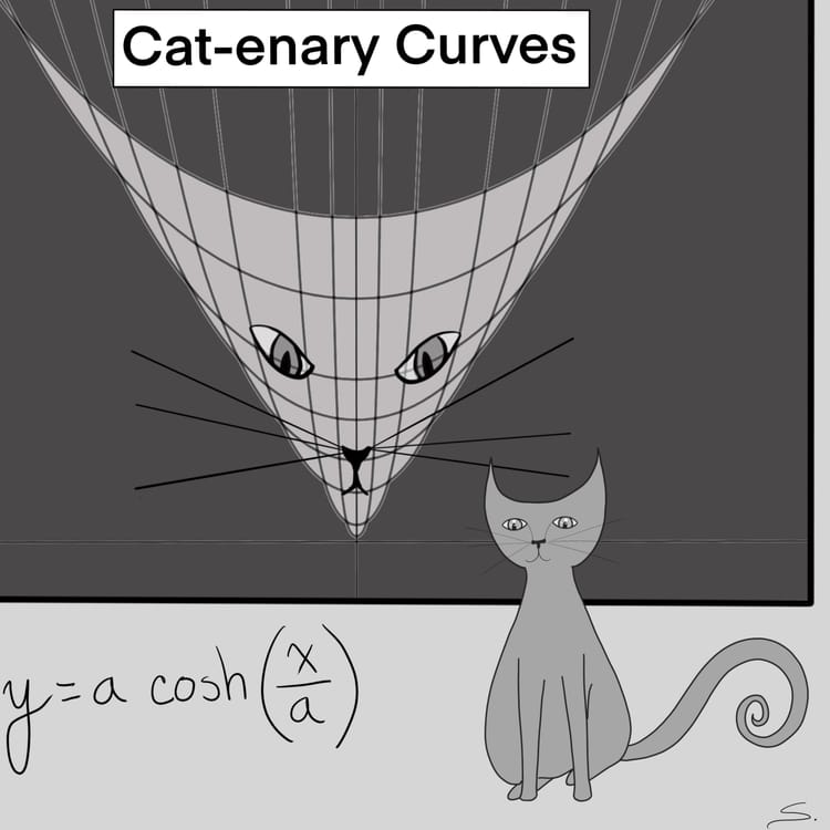 a cat drawn from catenary curves with its equation and fractal kitty sitting close by