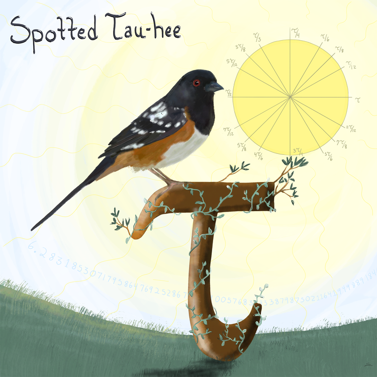 A spotted towhee sits on a wooden tau with vines growing on it and a few branches and a son that looks like the unit circle w