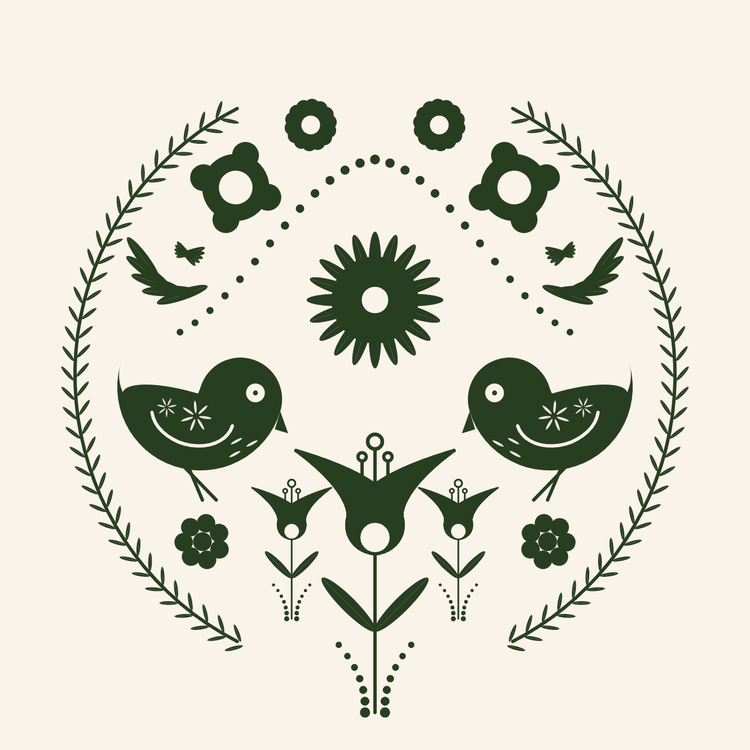 A folk art design with two birds, and flowers