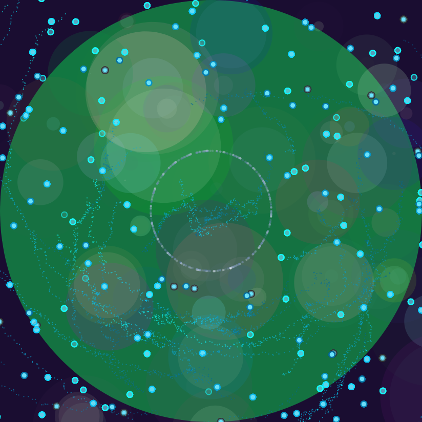 a green circle with lots of little circles of various colors and opacity moving through almost a petri-dish scene