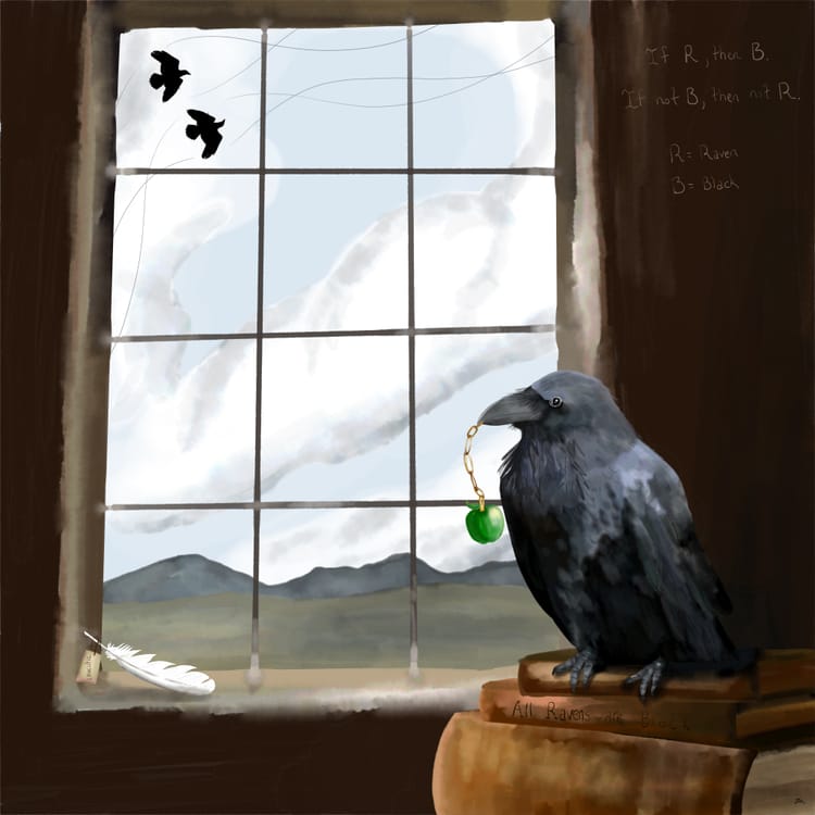 raven holding a green apple at a window