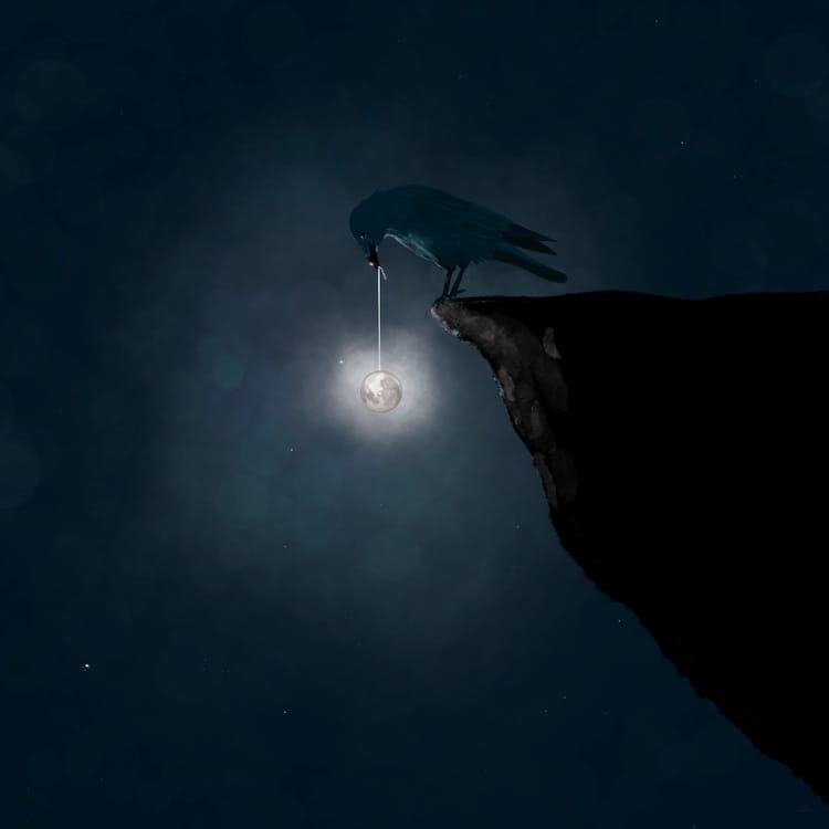 A crow sits upon a cliff dangling a moon in the darkness from a thread of light. the moons light glows illuminating some of w