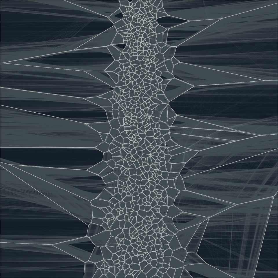 voronoi diagram with small cells down a vertical line in the center and large cells at the right and left edges