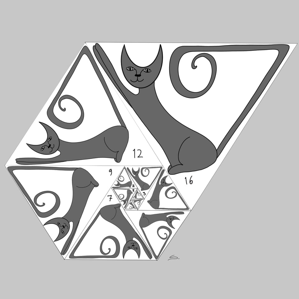 a kitty in a triangle tile that is repeated in the padovan sequence