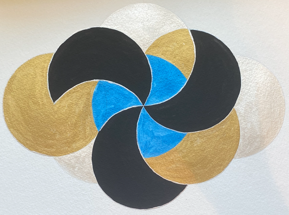 geometric circle art with blues black and gold