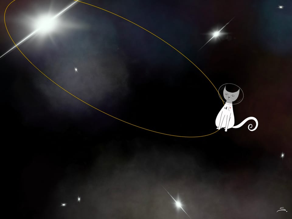 a cat in orbit around a star with a helmet on and spacesuit