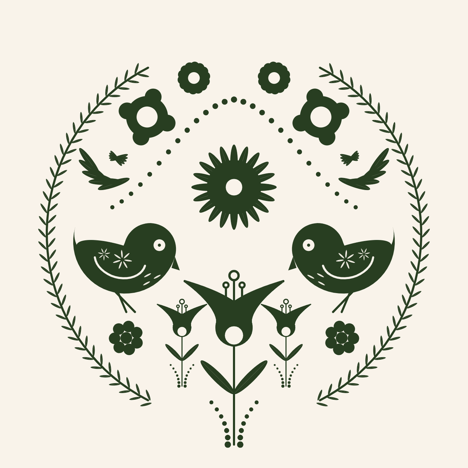 A folk art design with two birds, and flowers