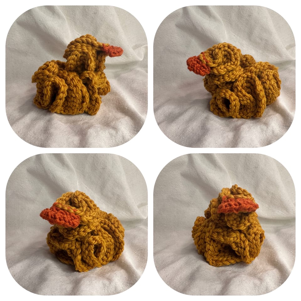 4 images of a hyperbolic ducky made of yarn on a white background