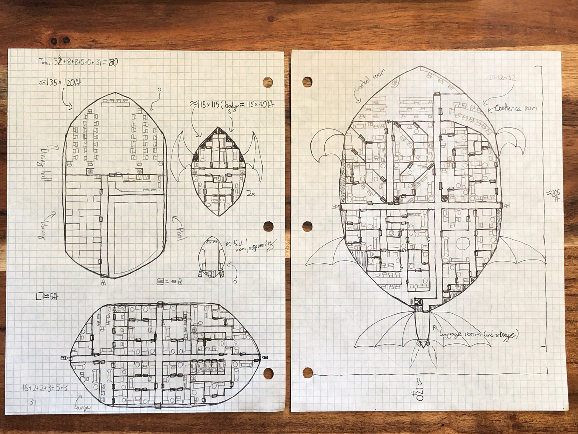 a spaceship schematic on graph paper with mutliple sides and layouts shown