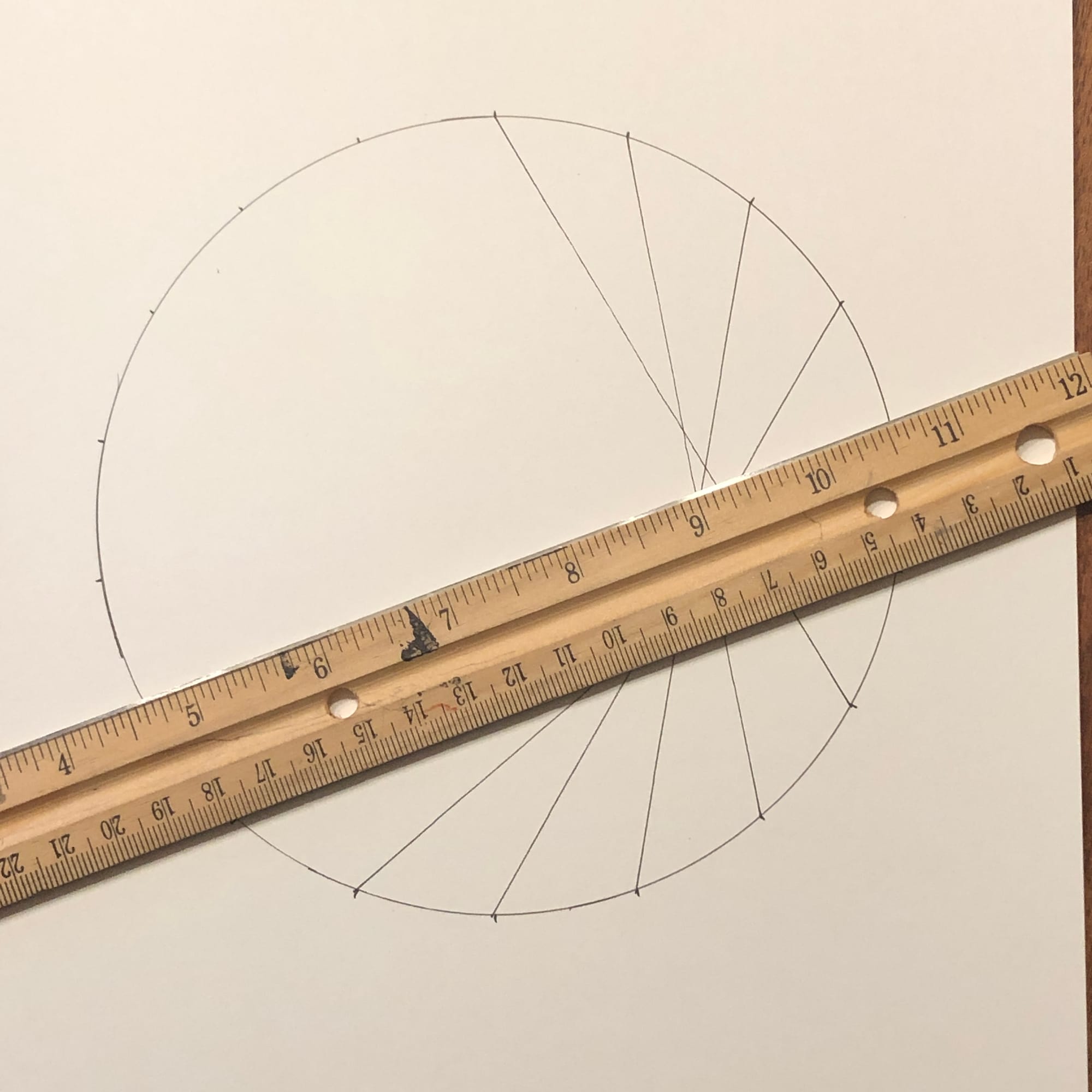 a circle with ruler and 5 lines drawn