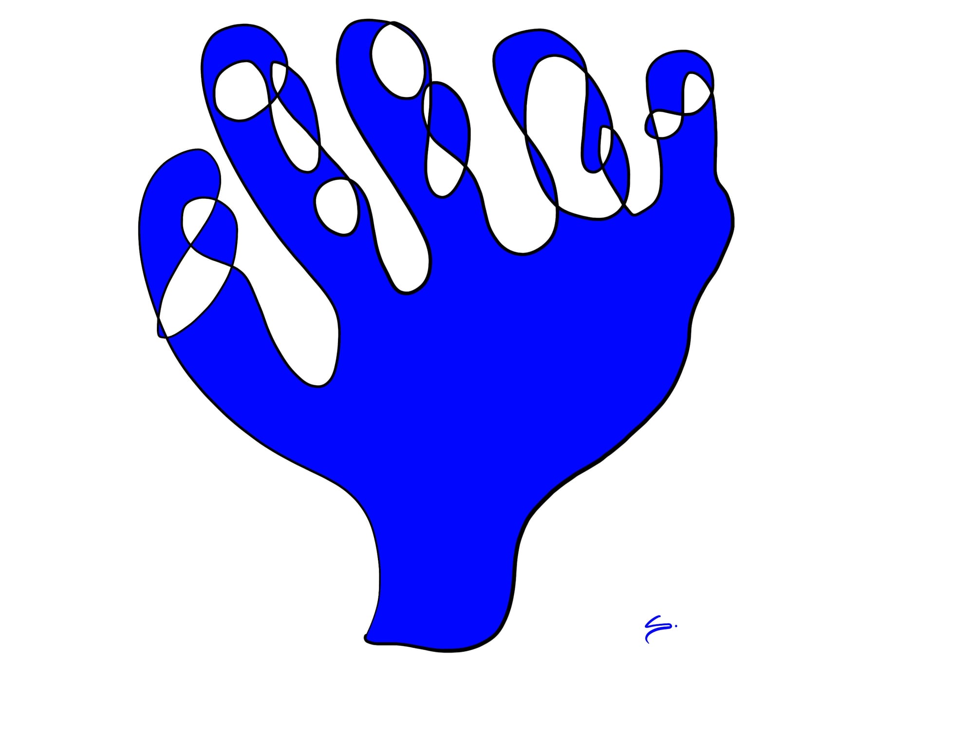 a hand drawn with a single curved line with 2 colors blue and white