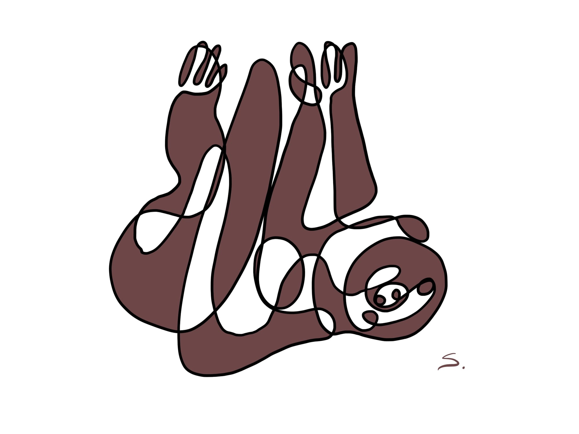 a sloth drawn with a single curved line with 2 colors brown and white