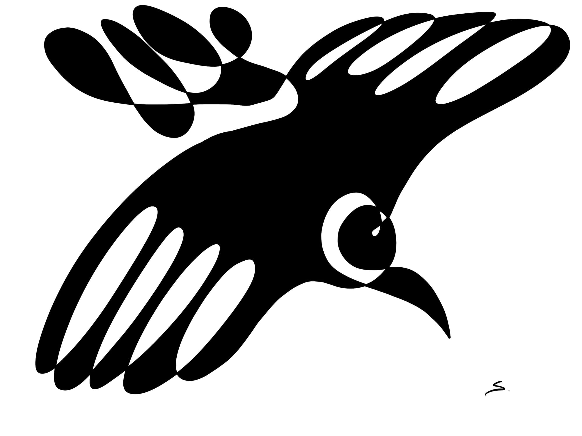 a crow drawn with a single curved line with 2 colors black and white