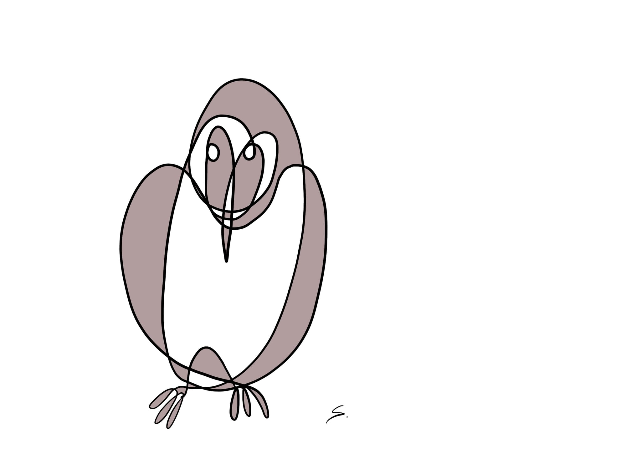 an owl drawn with a single curved line with 2 colors grey and white