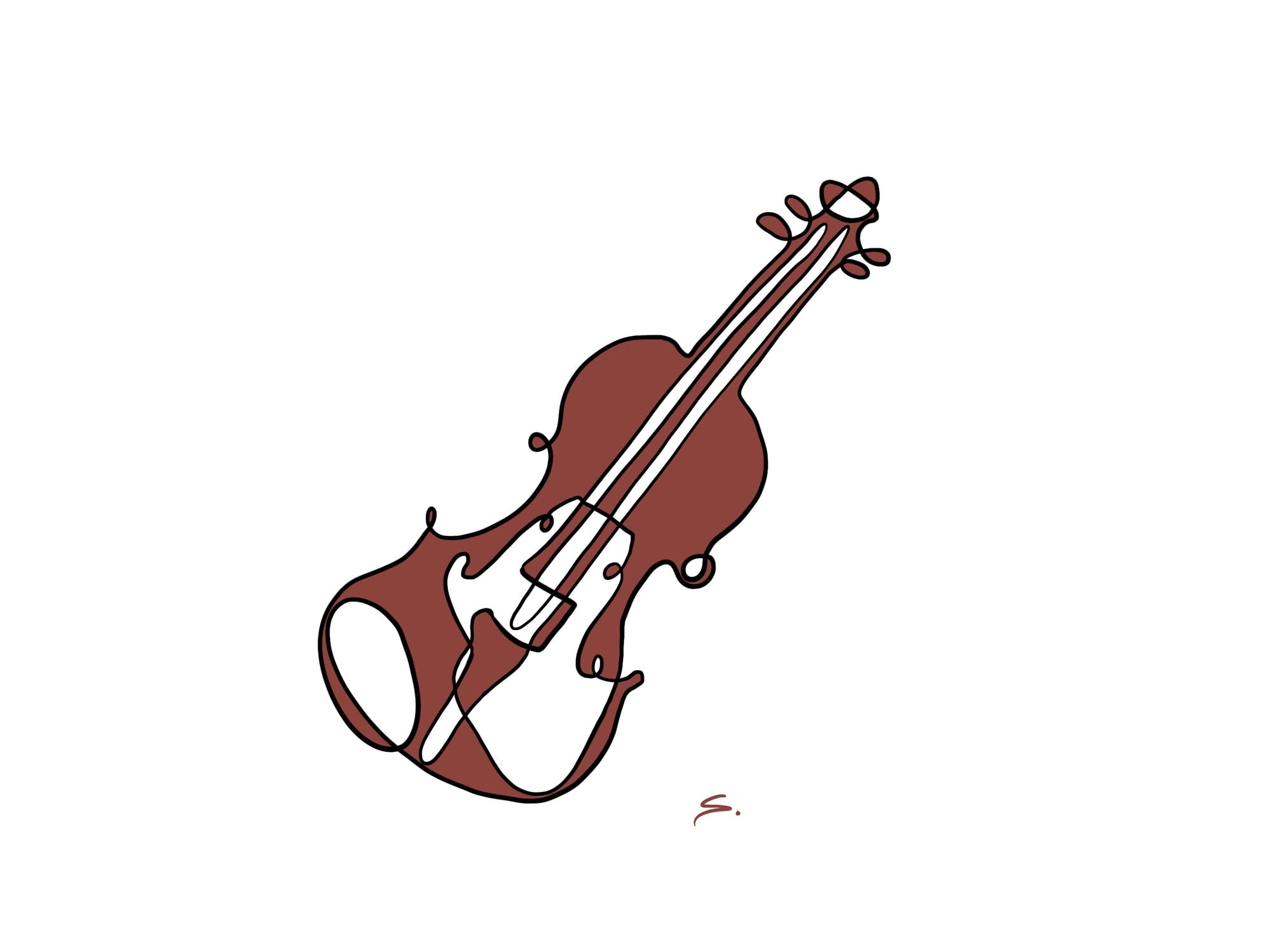 a violin drawn with a single curved line with 2 colors brown and white