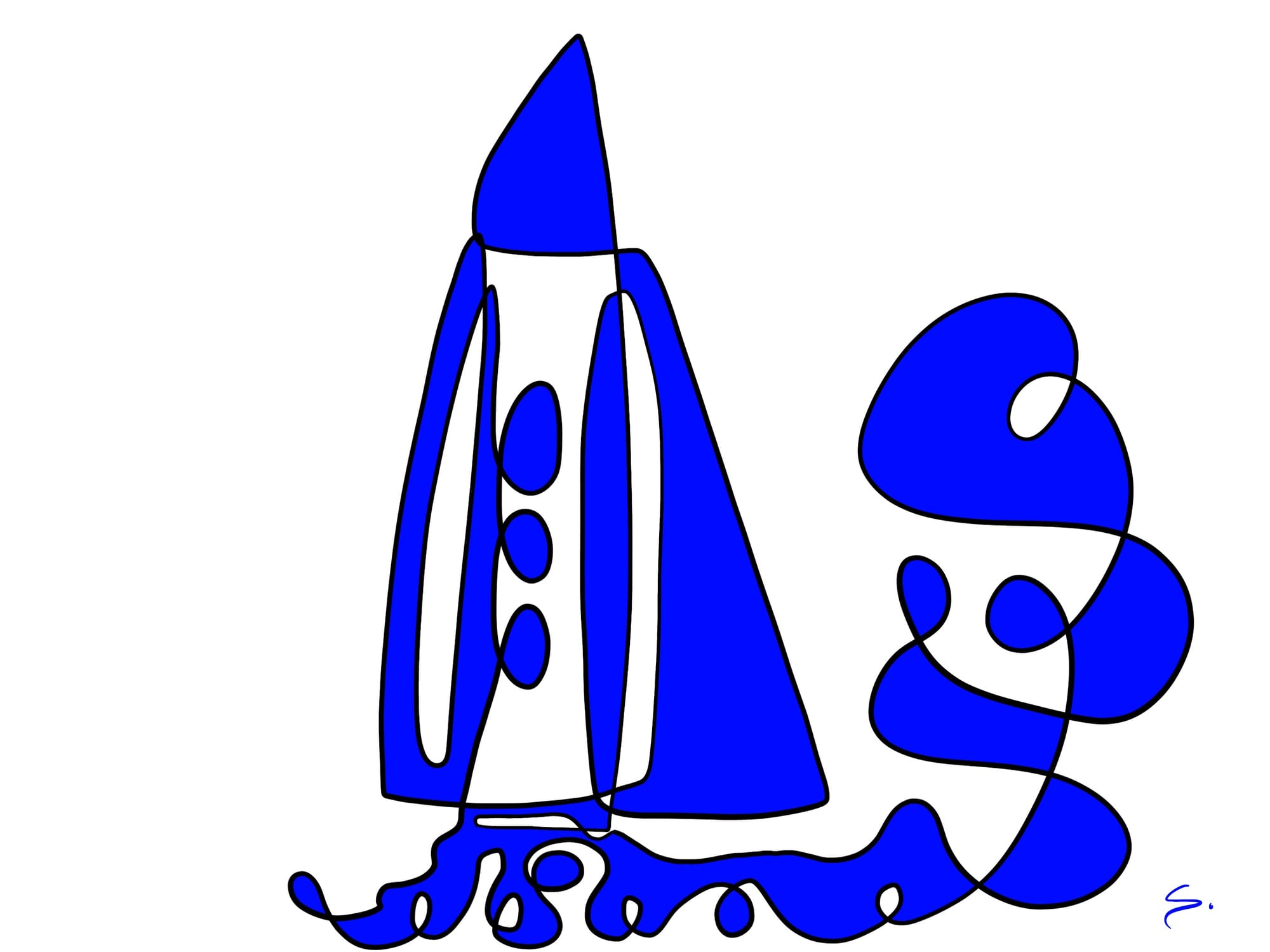 a rocket drawn with a single curved line with 2 colors blue and white