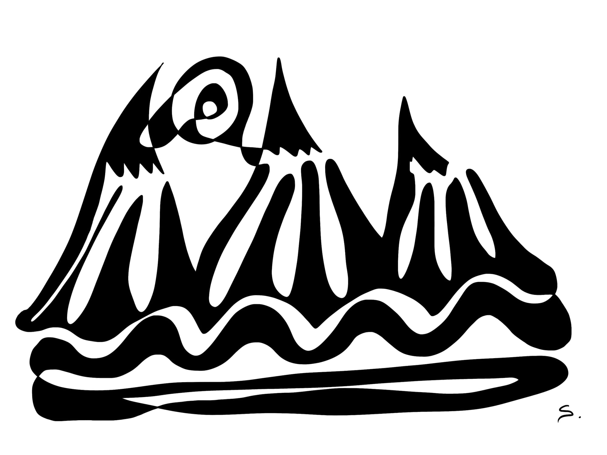 a mountain drawn with a single curved line with 2 colors black and white