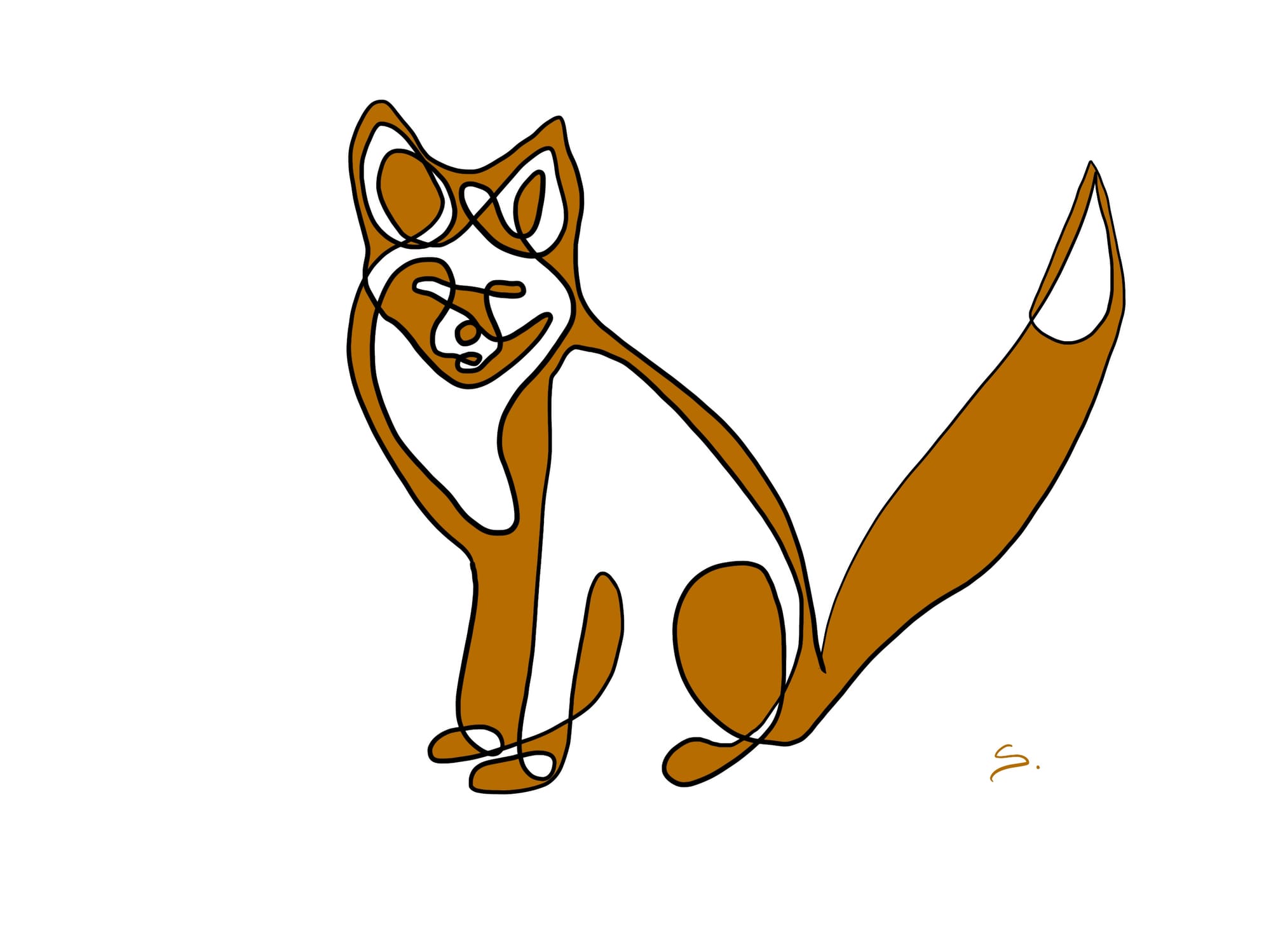 a fox draw with a single curved line with 2 colors orange and white