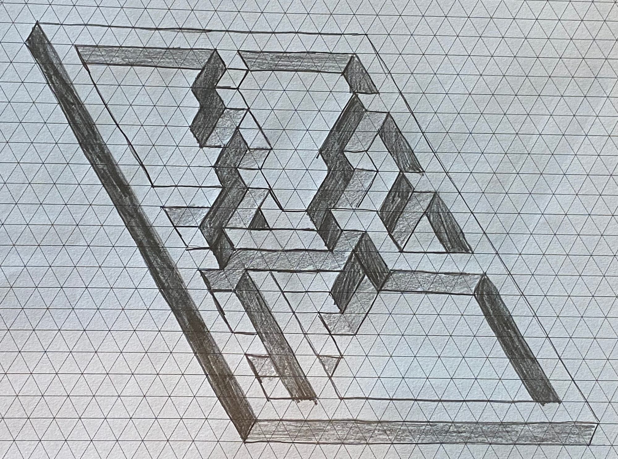 a sketch on isometric paper of an impossible shape