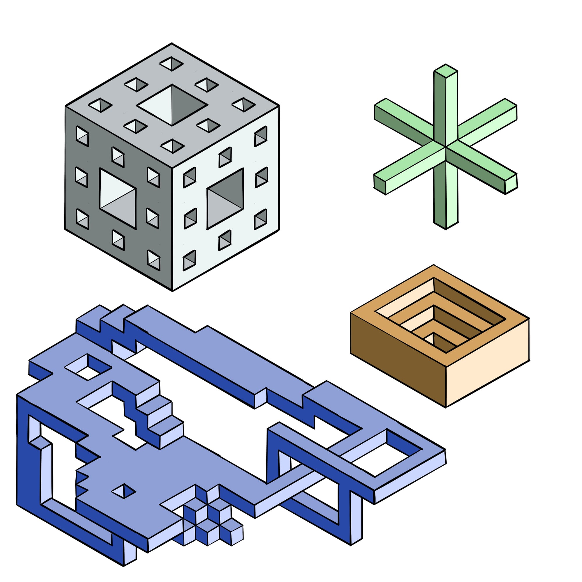 4 shapes drawn with isometric paper