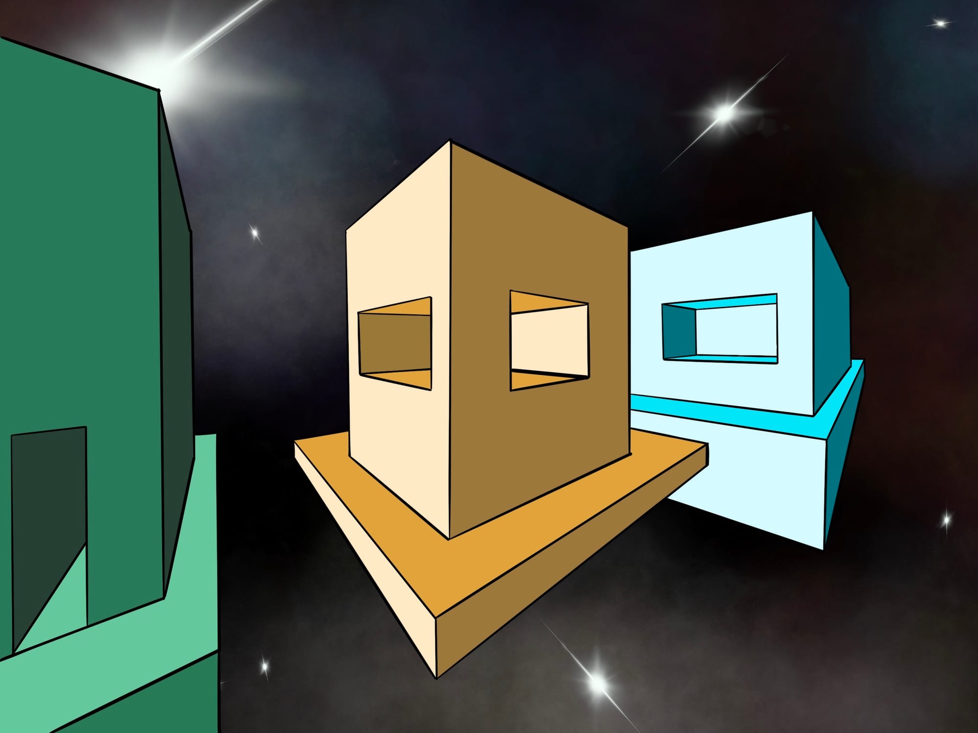 three shapes drawn with perspective in space