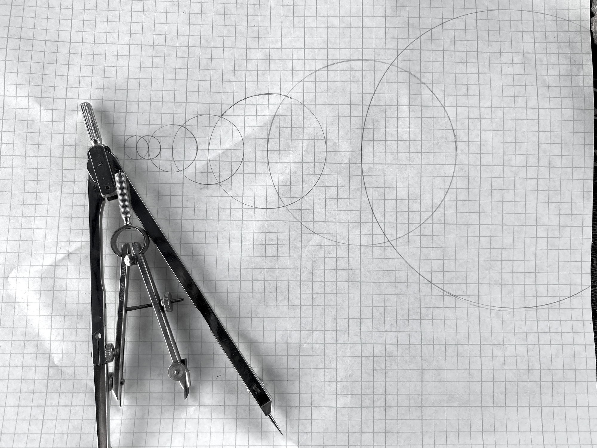 a compass with circles drawn with 1,1,2,3,5,.. diameters