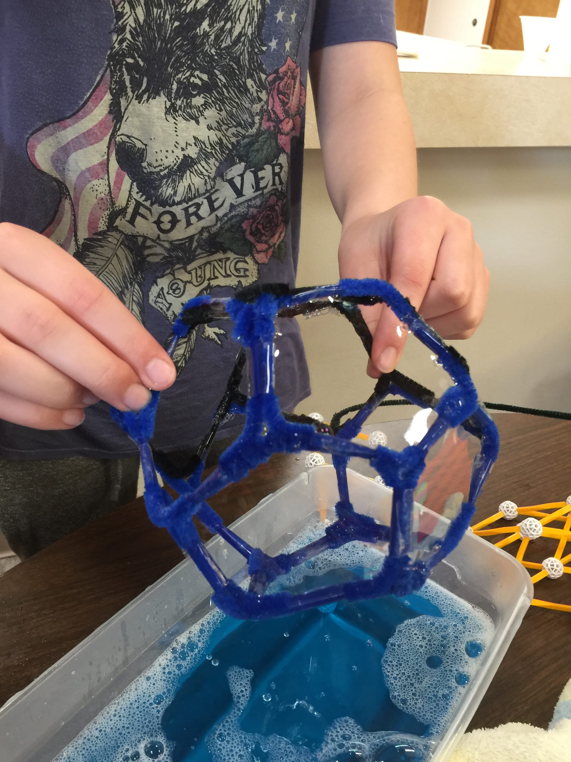 pipe cleaner dodecahedron in bubble solution to make the faces held by a student