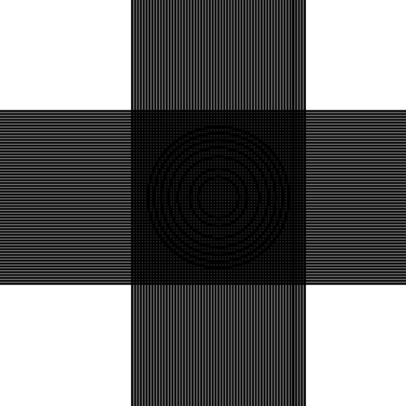 a plus sign made of many parallel lines with circles at the center