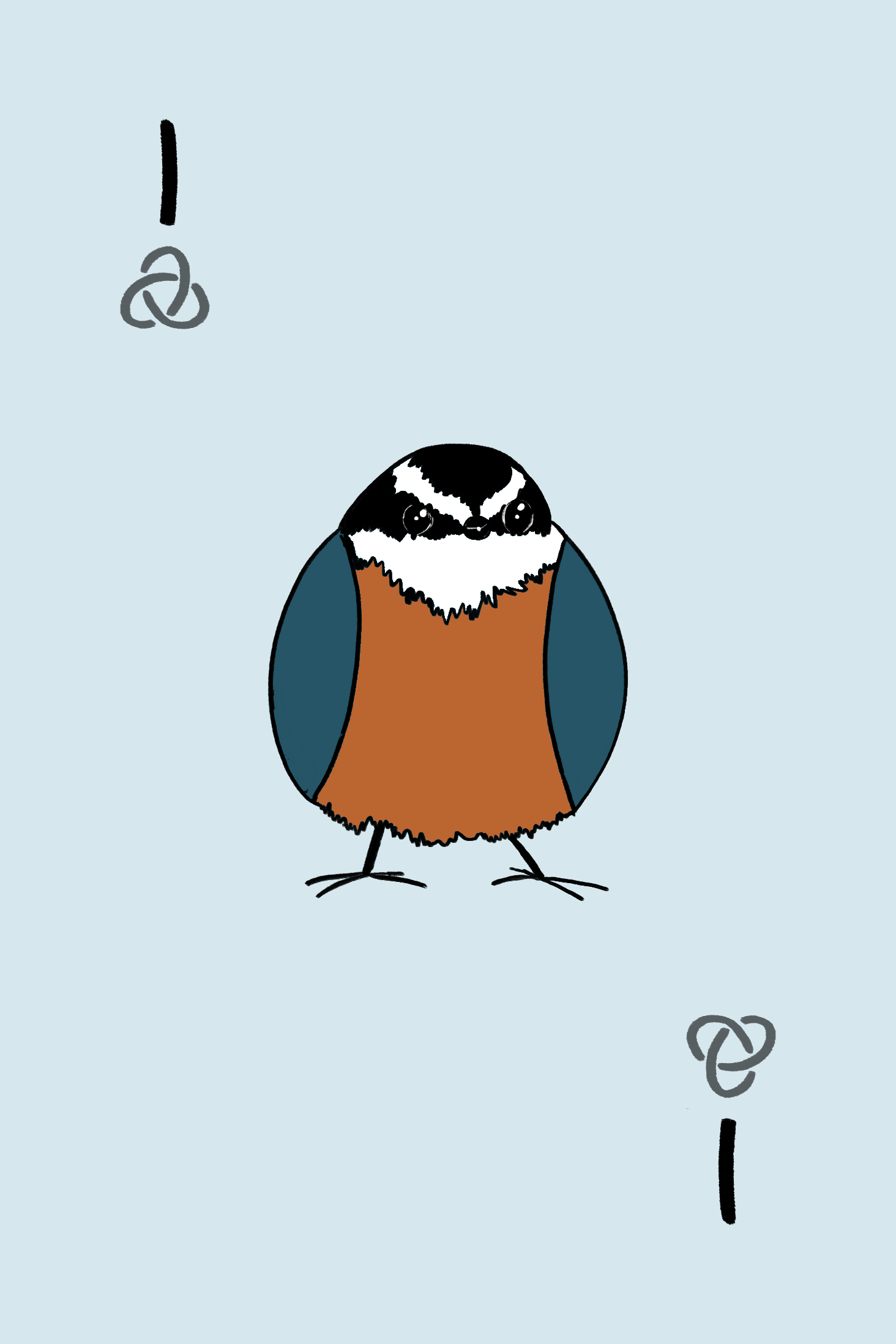 a nuthatch drawing on a card with the number 1 and a trefoil knot