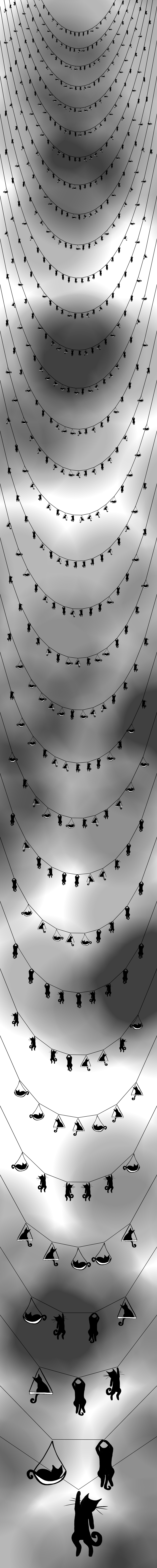 a very long image of cats swinging or holding on to wires making catenary curves