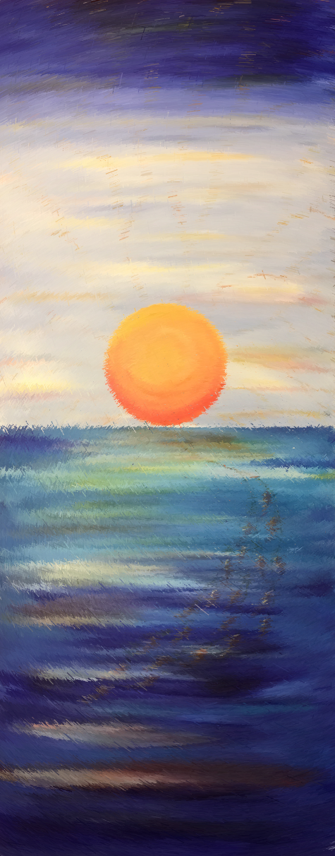 Painting of sun over an ocean with fish tied to the light.